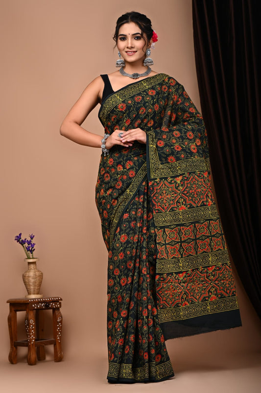 Hand Block Printed Ajrakh Soft Malmal Cotton Saree