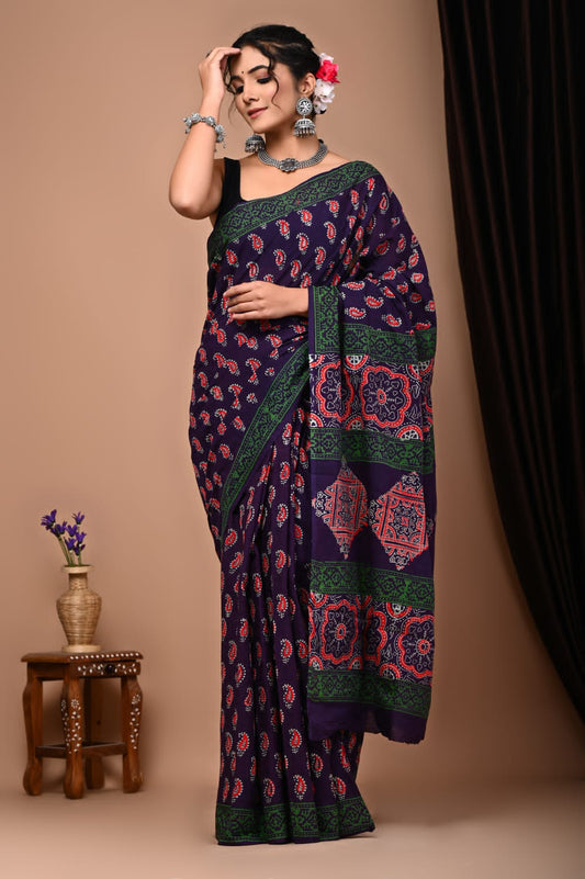 Hand Block Printed Ajrakh Soft Malmal Cotton Saree