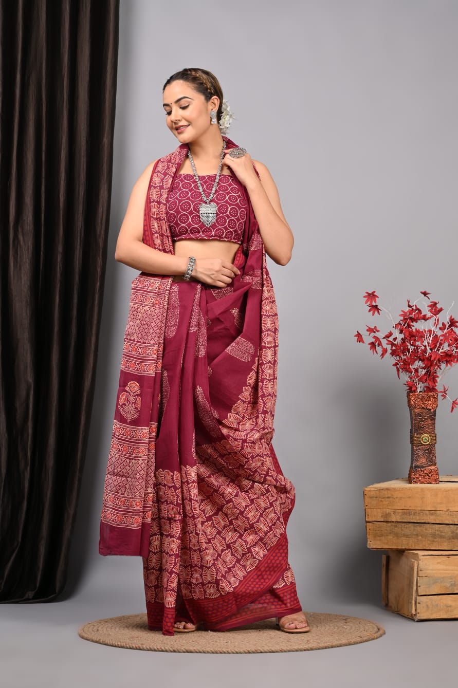 Hand Block Printed Ajrakh Soft Malmal Cotton Saree