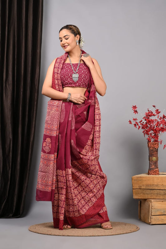 Hand Block Printed Ajrakh Soft Malmal Cotton Saree
