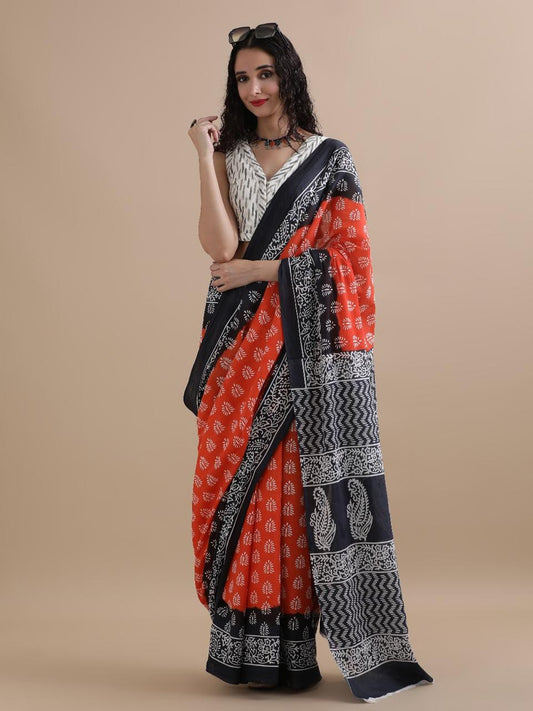 Hand Printed Cotton MulMul Saree