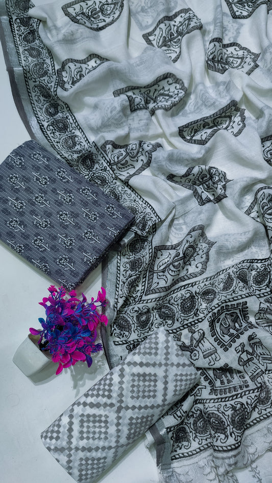 Hand Block Printed Cotton Katha Suit With Linen Cotton Dupatta