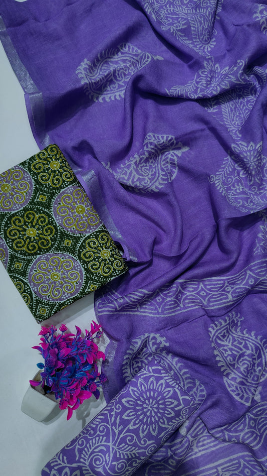 Hand Block Printed Cotton Katha Suit With Linen Cotton Dupatta