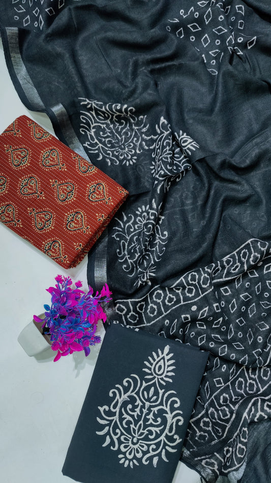 Hand Block Printed Cotton Katha Suit With Linen Cotton Dupatta