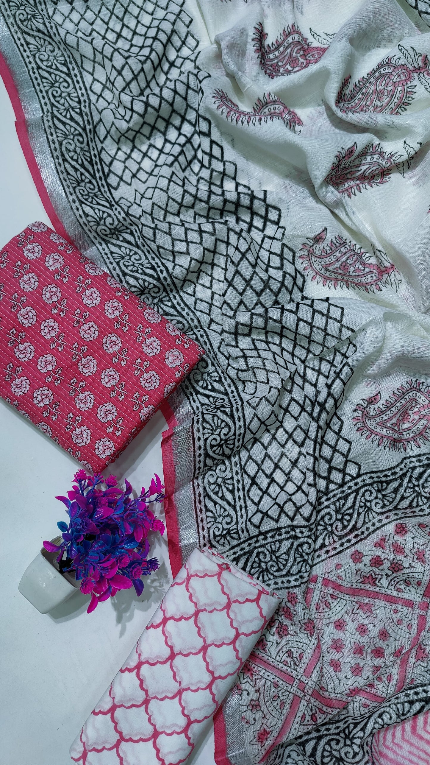 Hand Block Printed Cotton Katha Suit With Linen Cotton Dupatta