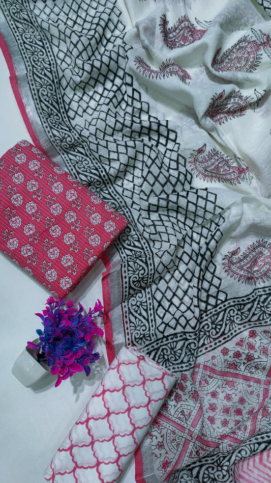 Hand Block Printed Cotton Katha Suit With Linen Cotton Dupatta