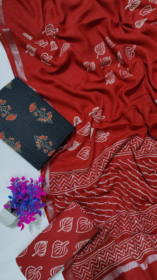 Hand Block Printed Cotton Katha Suit With Linen Cotton Dupatta