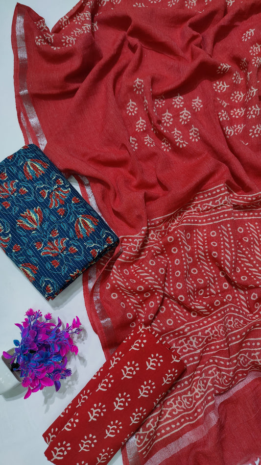 Hand Block Printed Cotton Katha Suit With Linen Cotton Dupatta