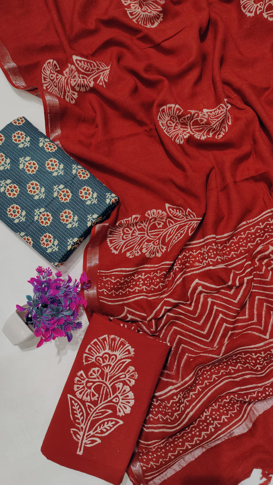 Hand Block Printed Cotton Katha Suit With Linen Cotton Dupatta