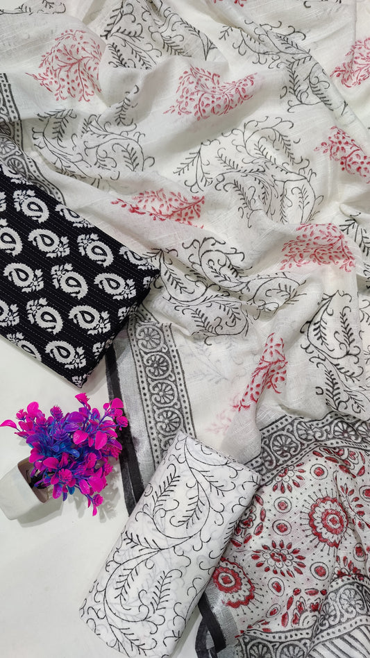 Hand Block Printed Cotton Katha Suit With Linen Cotton Dupatta