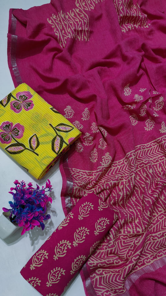 Hand Block Printed Cotton Katha Suit With Linen Cotton Dupatta