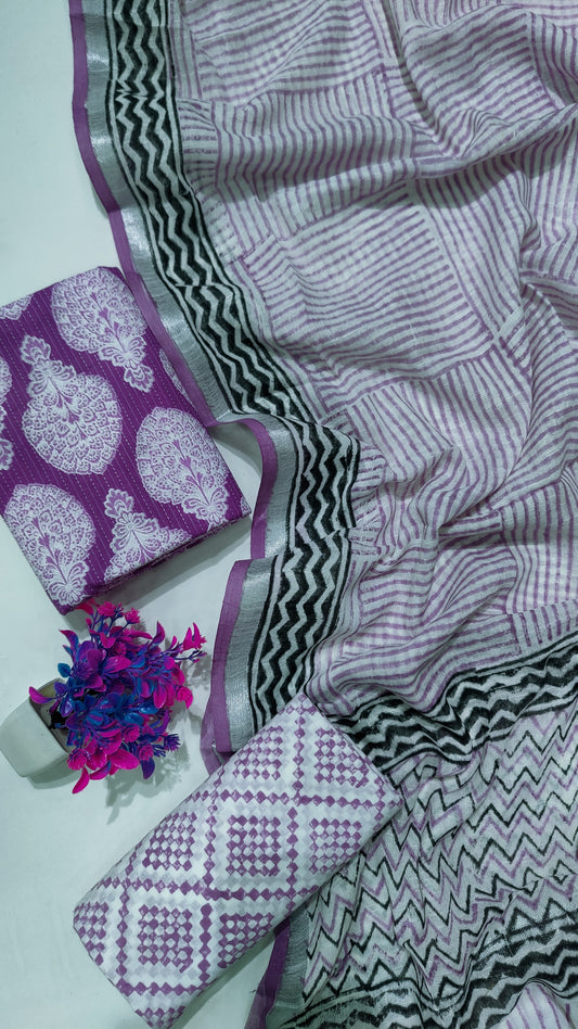 Hand Block Printed Cotton Katha Suit With Linen Cotton Dupatta