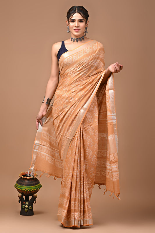 Hand block printed cotton linen saree
