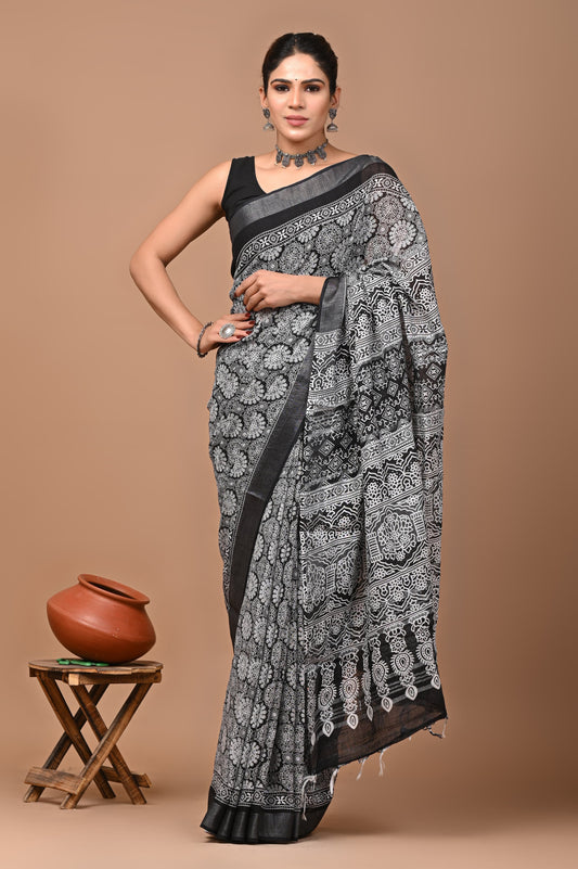 Hand block printed cotton linen saree