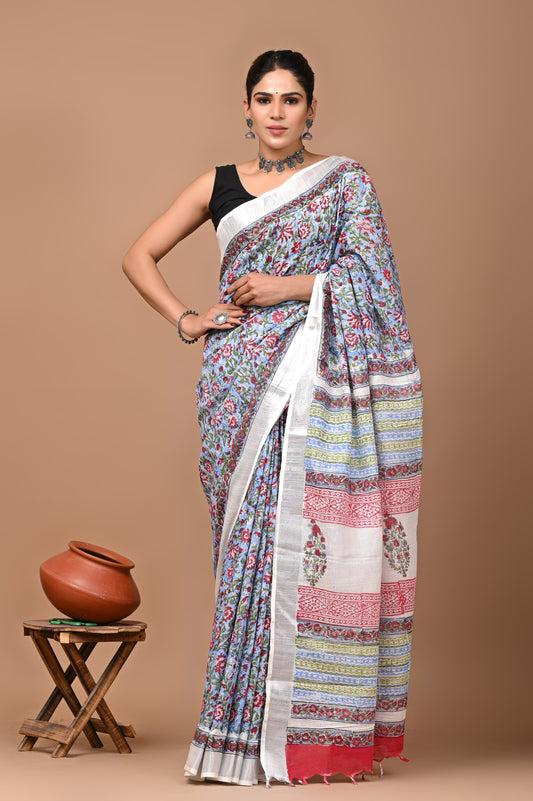 Hand block printed cotton linen saree