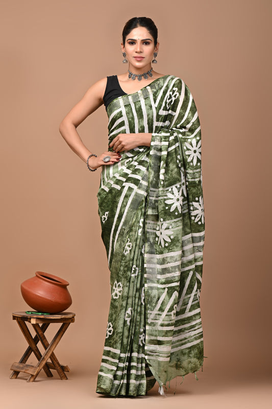 Hand block printed cotton linen saree