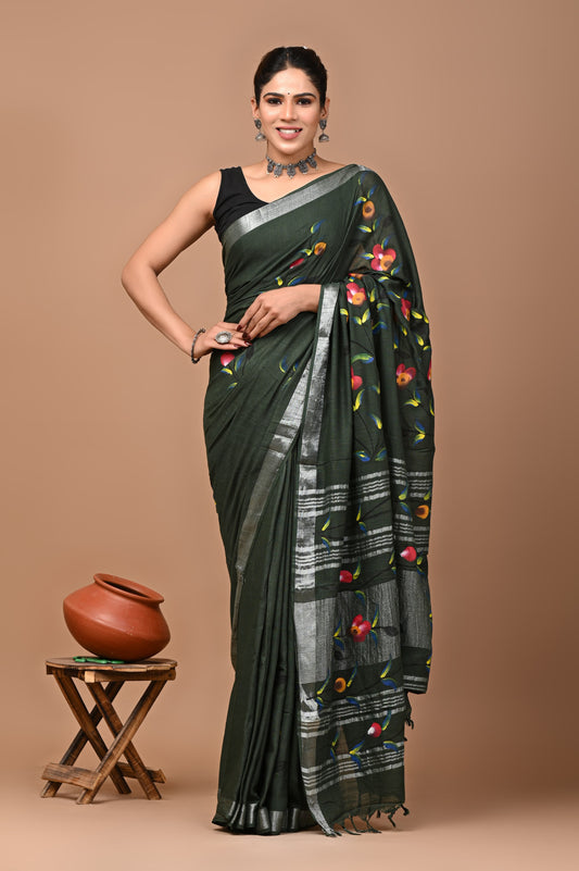 Hand block printed cotton linen saree