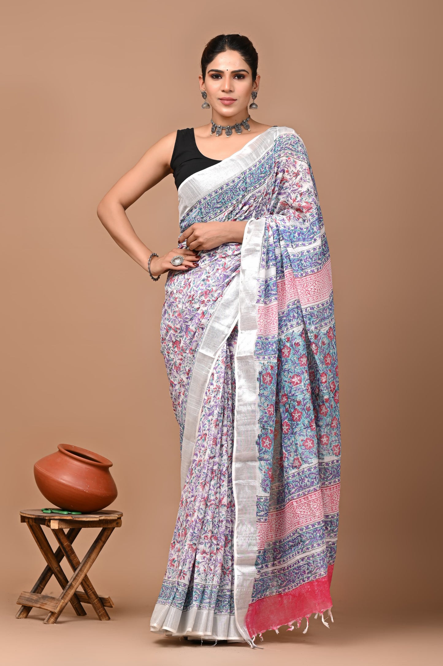Hand block printed cotton linen saree