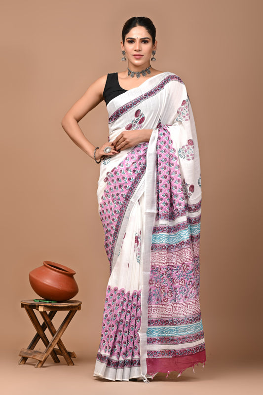 Hand block printed cotton linen saree