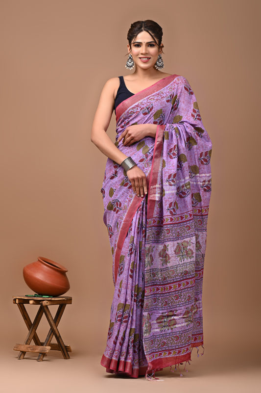 Hand block printed cotton linen saree