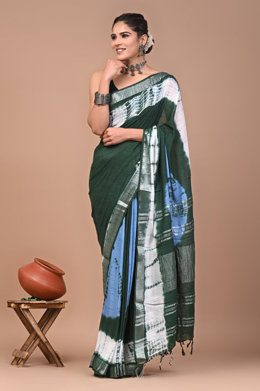 Hand block printed cotton linen saree