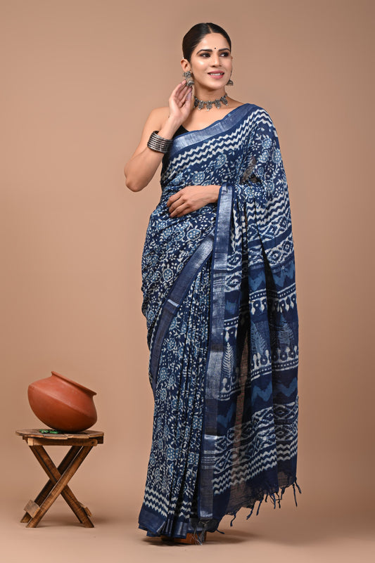 Hand block printed cotton linen saree