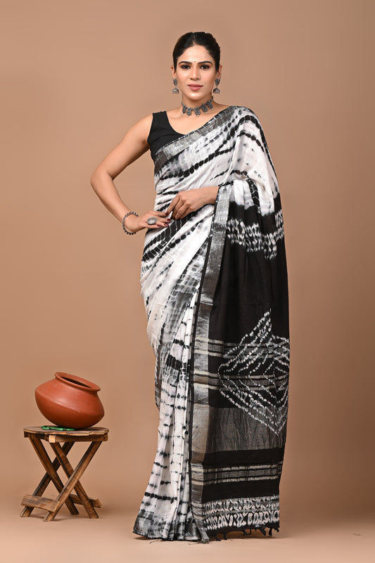 Hand block printed cotton linen saree