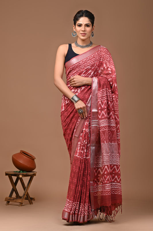 Hand block printed cotton linen saree
