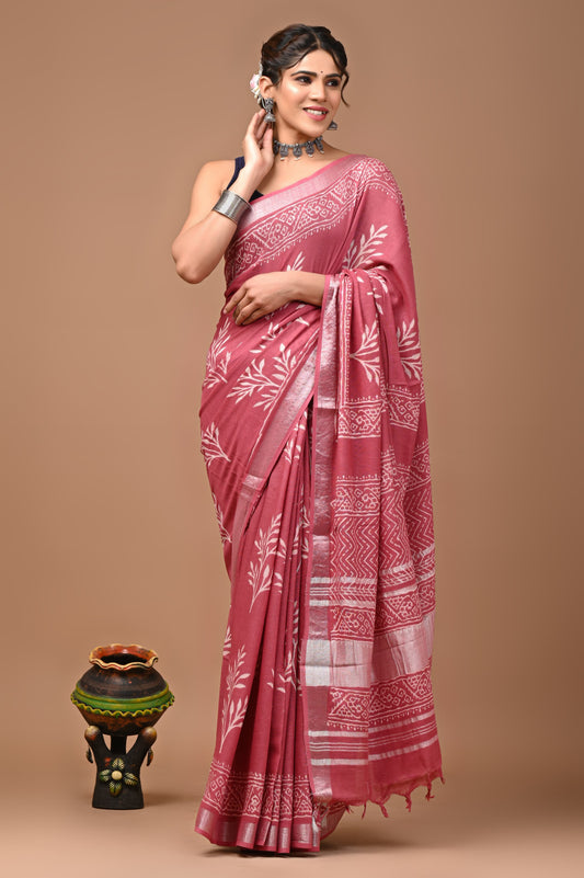 Hand block printed cotton linen saree