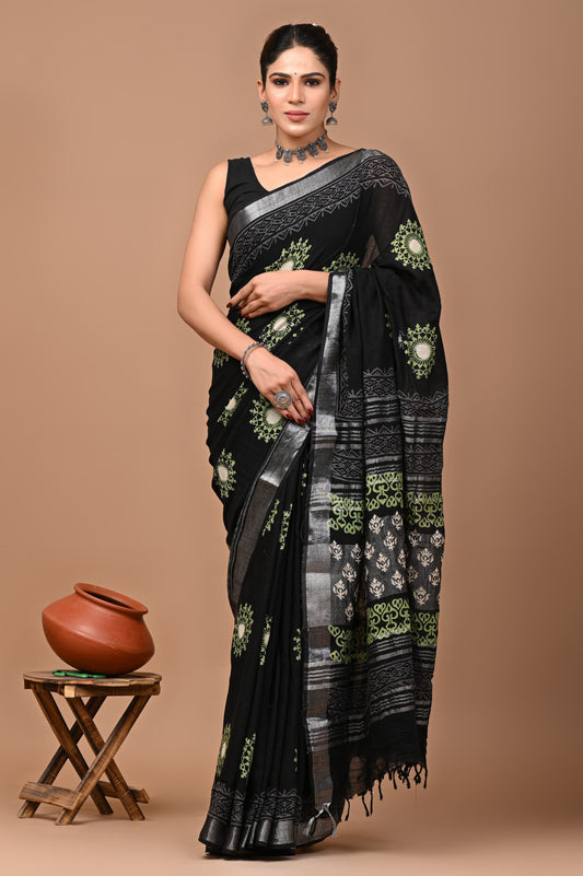 Hand block printed cotton linen saree