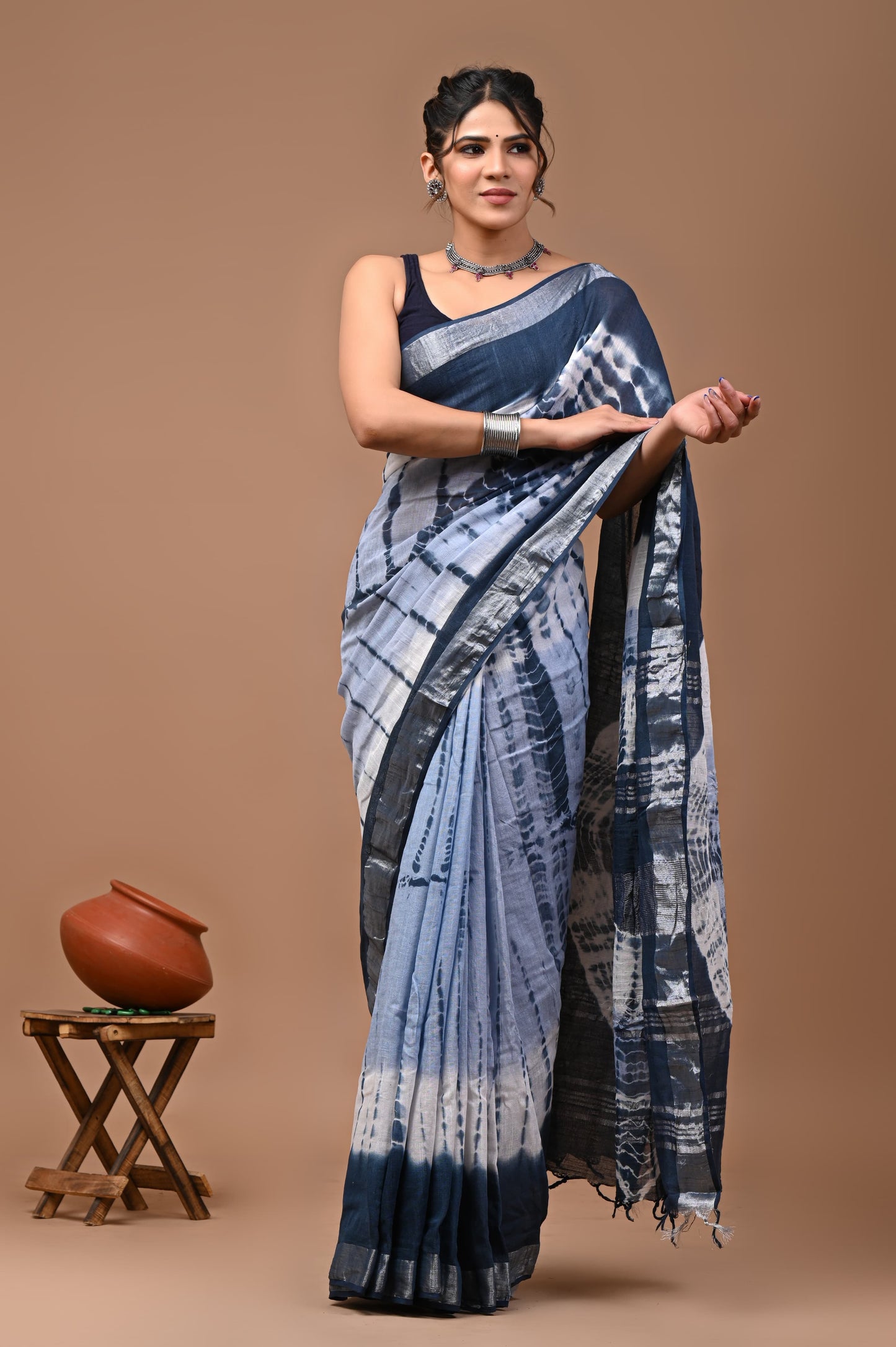 Hand block printed cotton linen saree