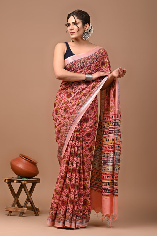 Hand block printed cotton linen saree