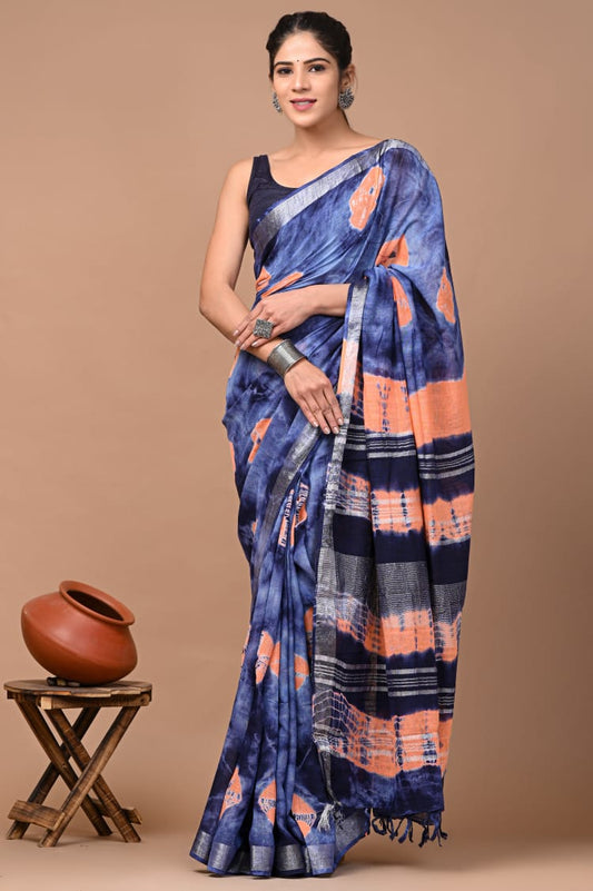 Hand block printed cotton linen saree