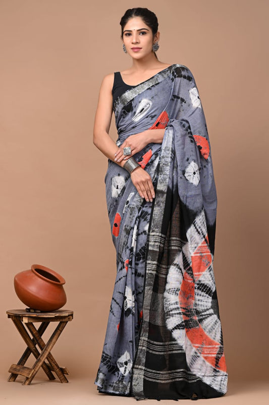 Hand block printed cotton linen saree