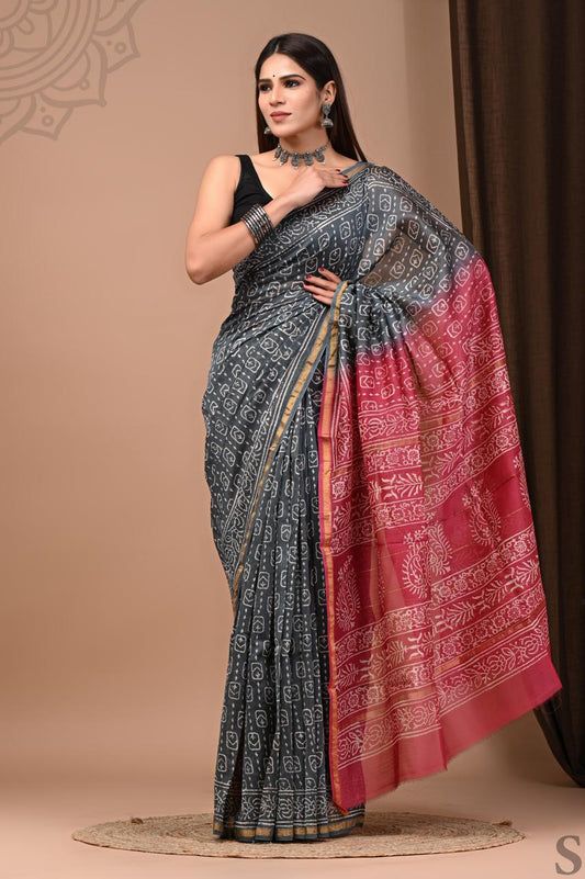 Hand Block Printed Chanderi silk Saree