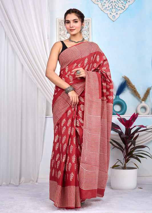 Hand Printed Cotton MulMul Saree