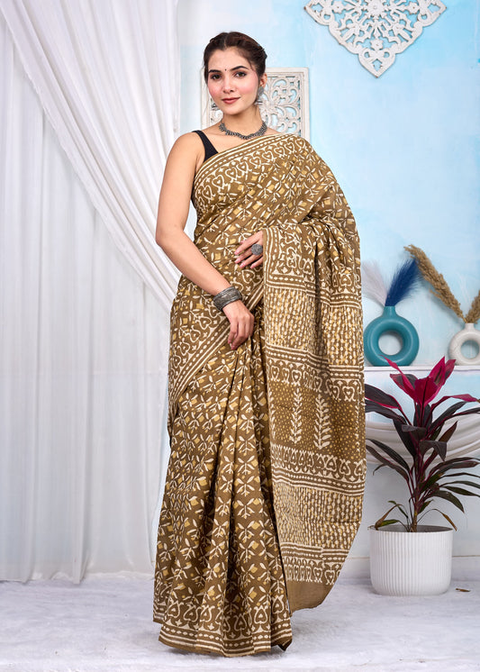 Hand Printed Cotton MulMul Saree