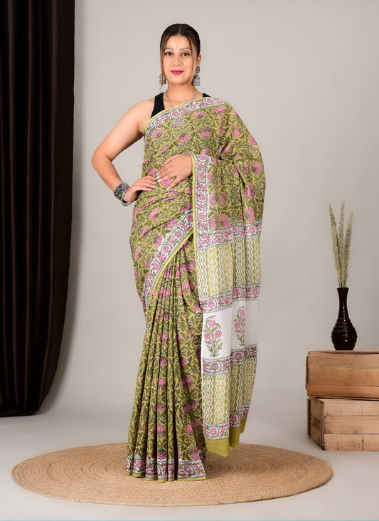 Hand Printed Cotton MulMul Saree