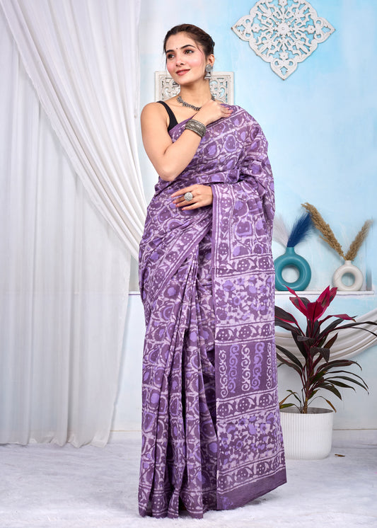 Hand Printed Cotton MulMul Saree