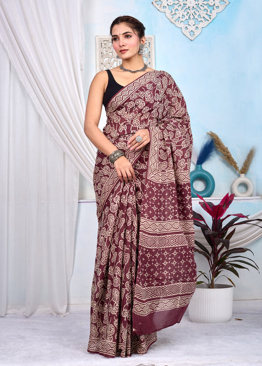 Hand Printed Cotton MulMul Saree