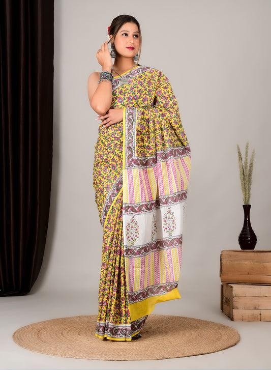 Hand Printed Cotton MulMul Saree