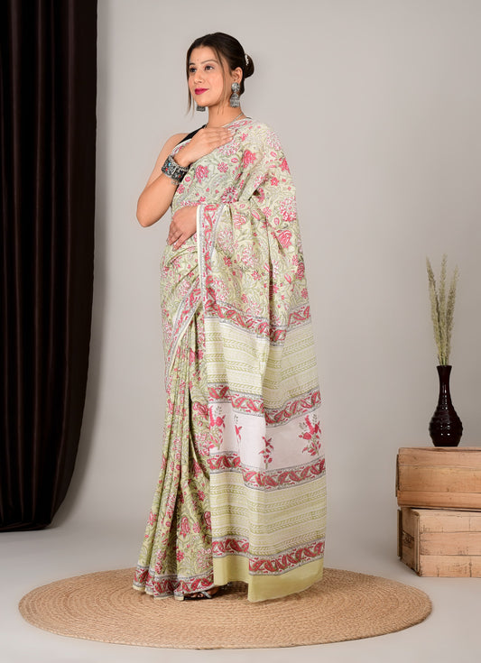 Hand Printed Cotton MulMul Saree