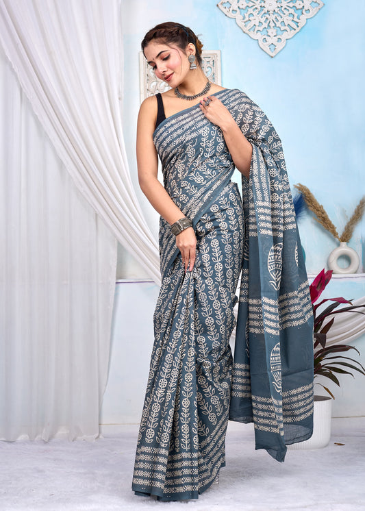 Hand Printed Cotton MulMul Saree