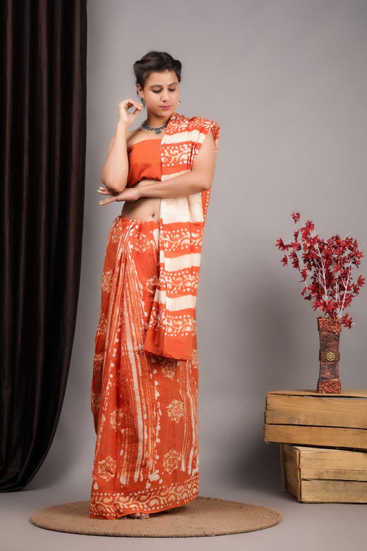 Hand Printed Cotton MulMul Saree