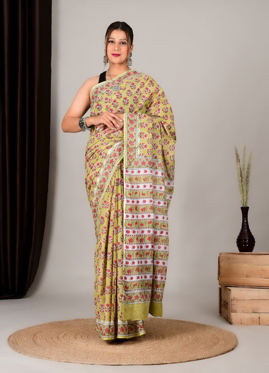 Hand Printed Cotton MulMul Saree