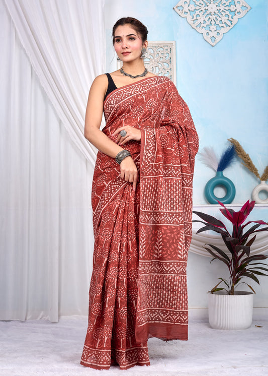 Hand Printed Cotton MulMul Saree