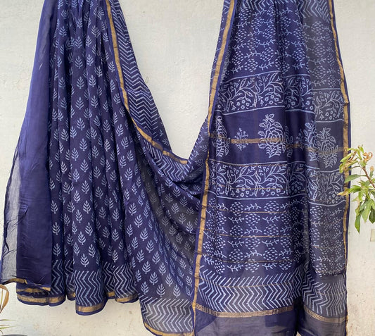 Hand block Ajrkh Bagru Dabu printed chanderi silk Saree