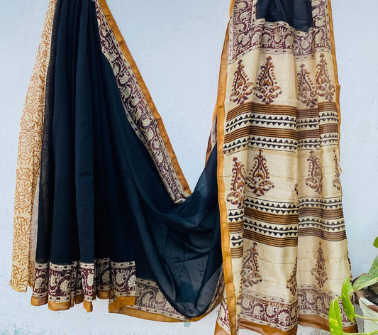 Hand block Ajrkh Bagru Dabu printed chanderi silk Saree