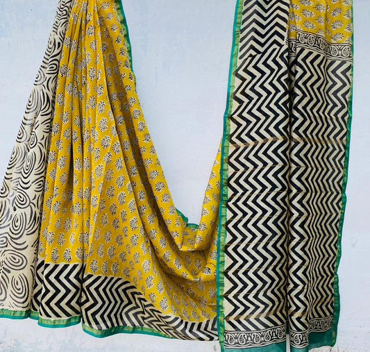 Hand block Ajrkh Bagru Dabu printed chanderi silk Saree