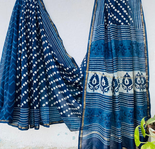 Hand block Ajrkh Bagru Dabu printed chanderi silk Saree